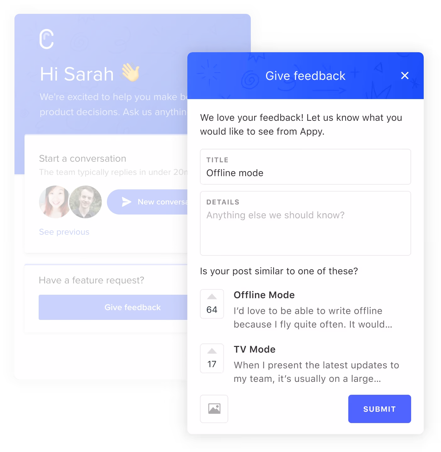 Intercom chat conversation with a Canny "Give feedback" overlay for direct in-chat feedback submission