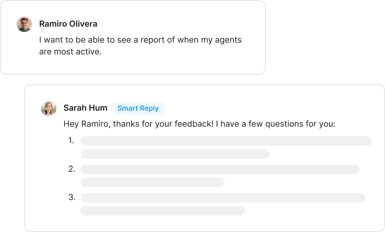 A user requests a feature and an automatic reply is sent asking for more details.