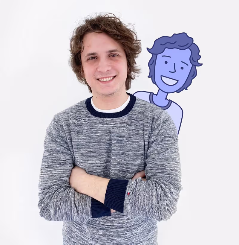Ramiro Olivera, Engineering at Canny, with arms crossed posing with a Canny mascot illustration