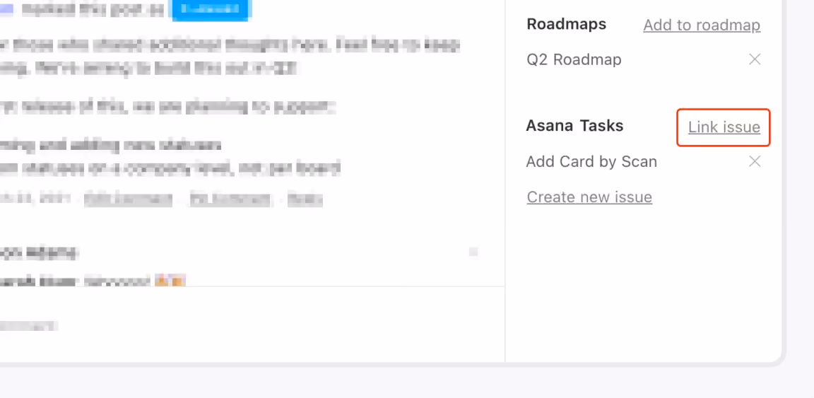 Canny post sidebar showing a linked Asana task (Add Card by Scan) with Q2 Roadmap assignment