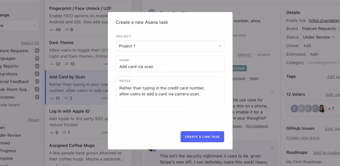 "Create a new Asana task" dialog with Project (Project 1), Name (Add card via scan), and Notes fields