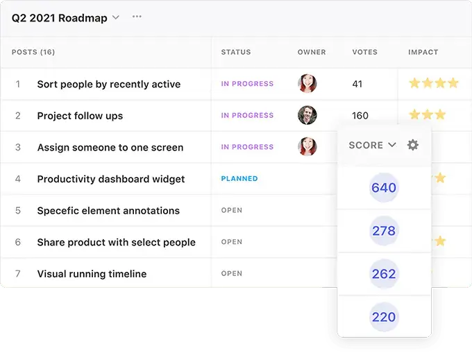 Canny's product roadmap software with prioritization scoring