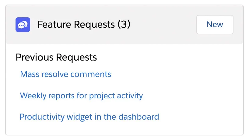 The Canny widget that lives inside Salesforce, showing previous requests and a button to add a new one.