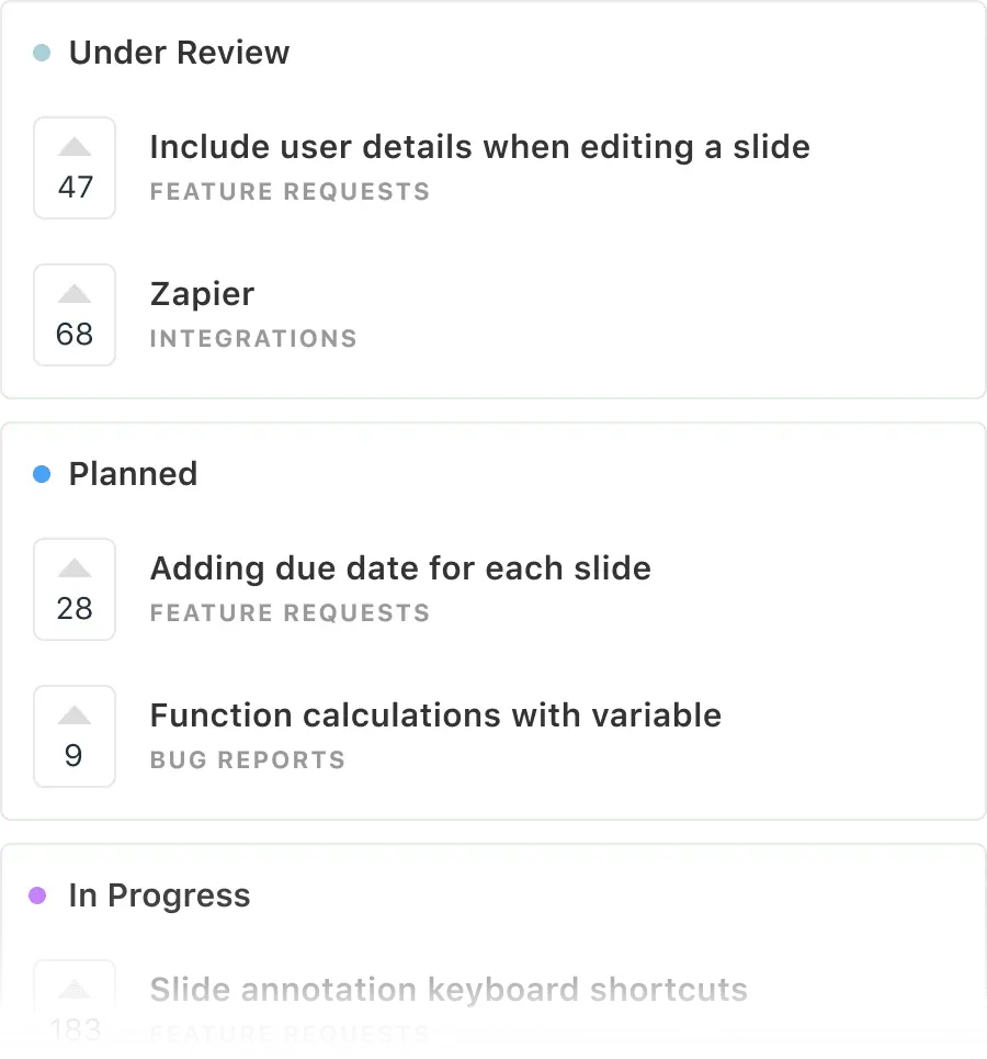 A list of tasks under review, planned, and in progress in Canny