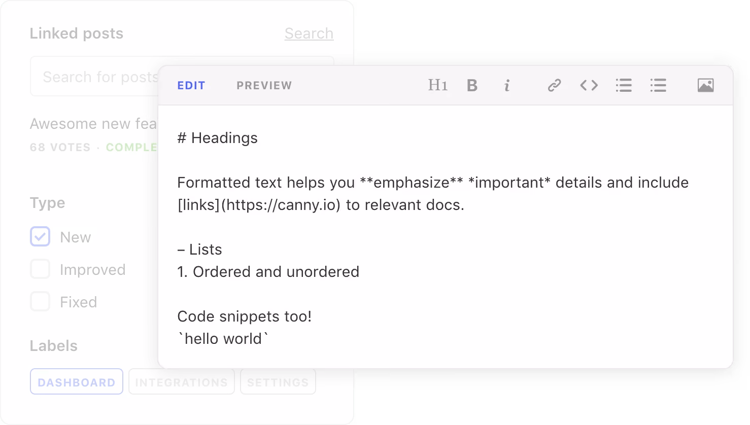 A branded changelog update with markdown support and custom labels.