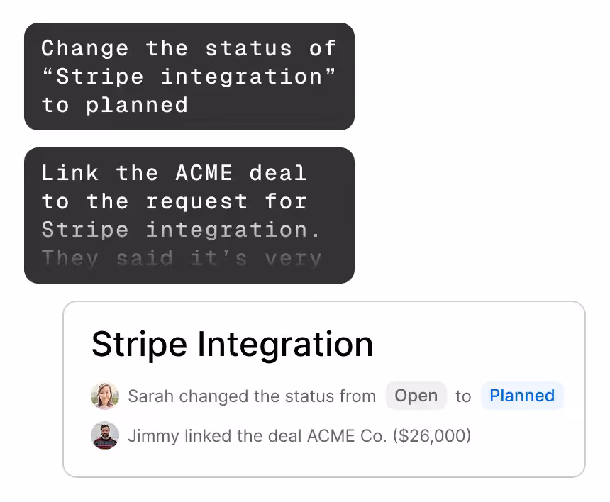 Updating idea statuses and linking deals in Canny from an LLM chat.