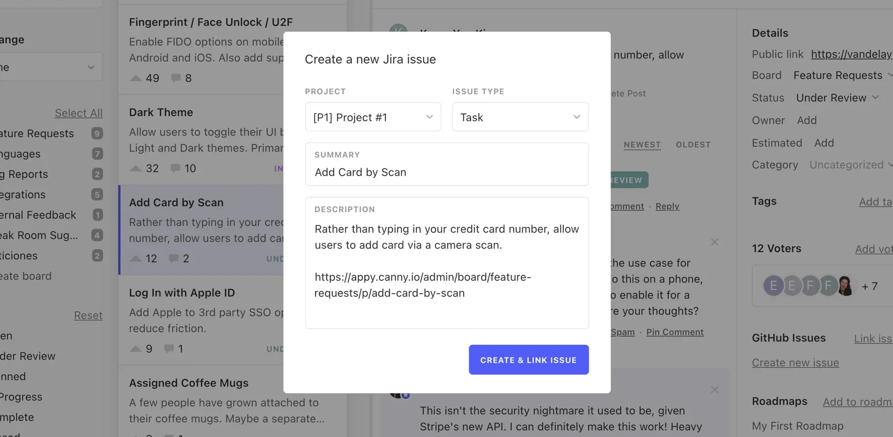 Canny board with a "Create a new Jira issue" dialog overlay