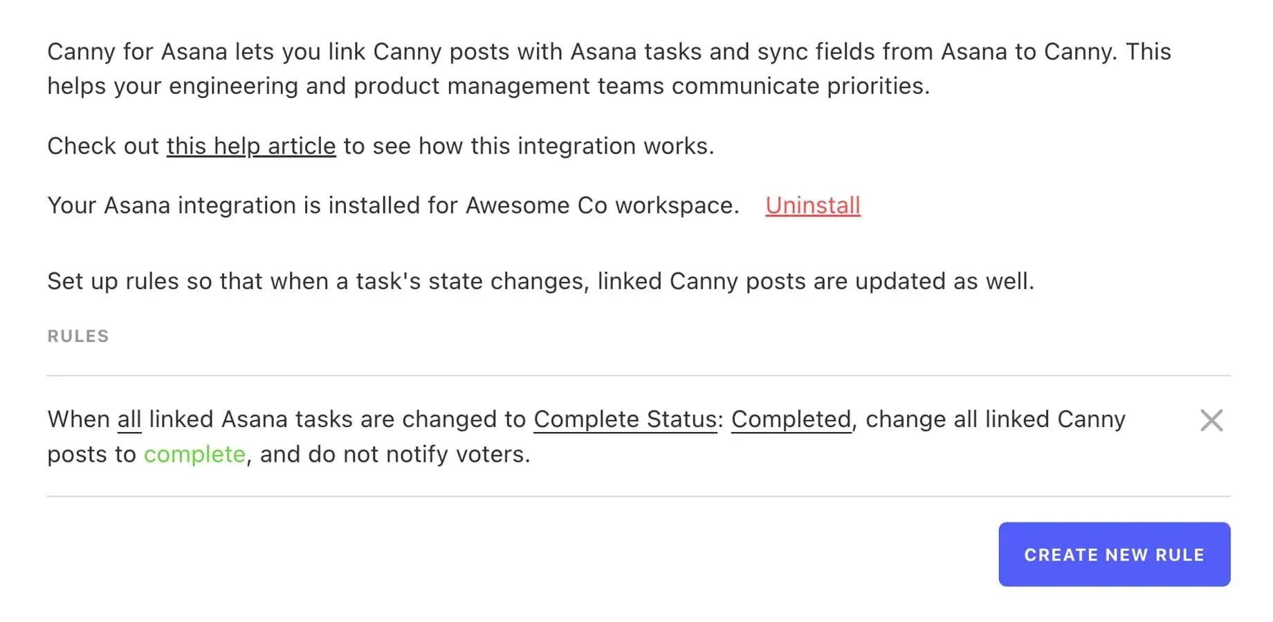 Asana sync rules panel: when linked tasks reach Completed status, update Canny posts to complete