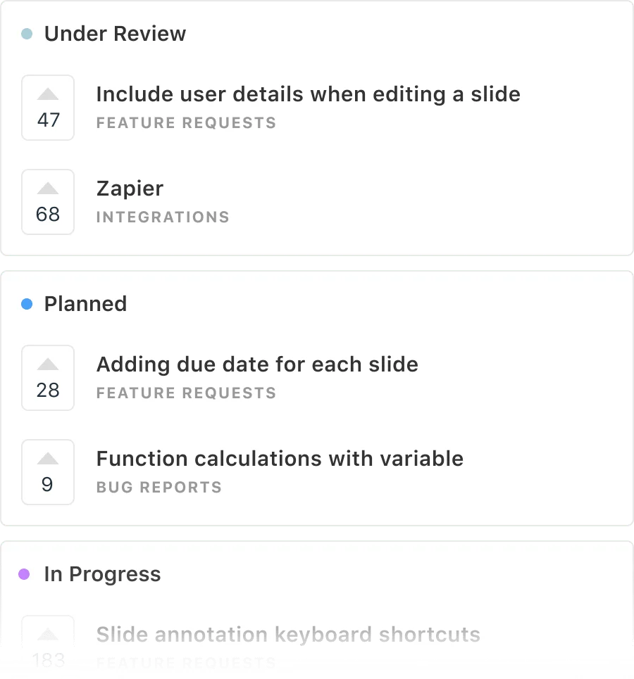 Canny's roadmap tool showing features under review, planned, and in progress