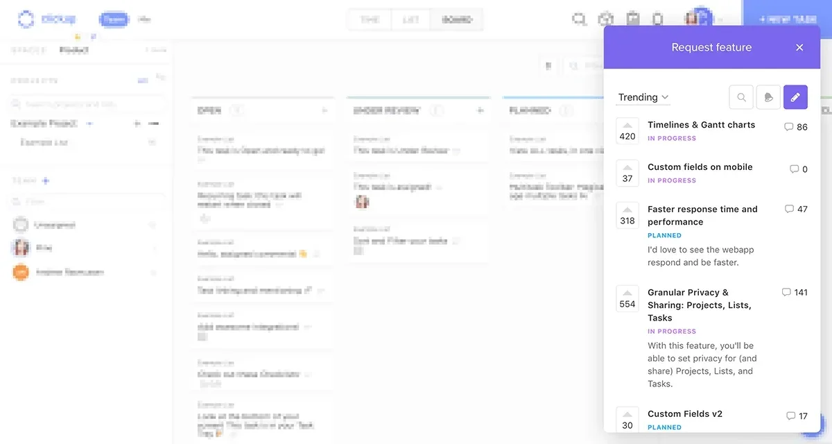 ClickUp task board with a Canny "Request feature" overlay showing trending posts including Timelines & Gantt charts (420 votes) and Granular Privacy (554 votes)