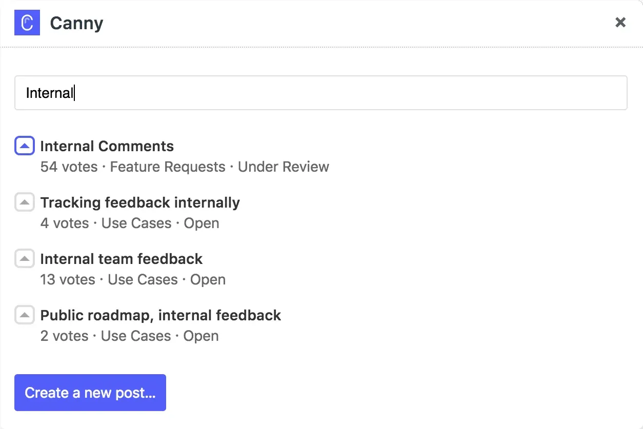 Canny post search dialog overlaying a Zendesk ticket for linking feedback without leaving the app