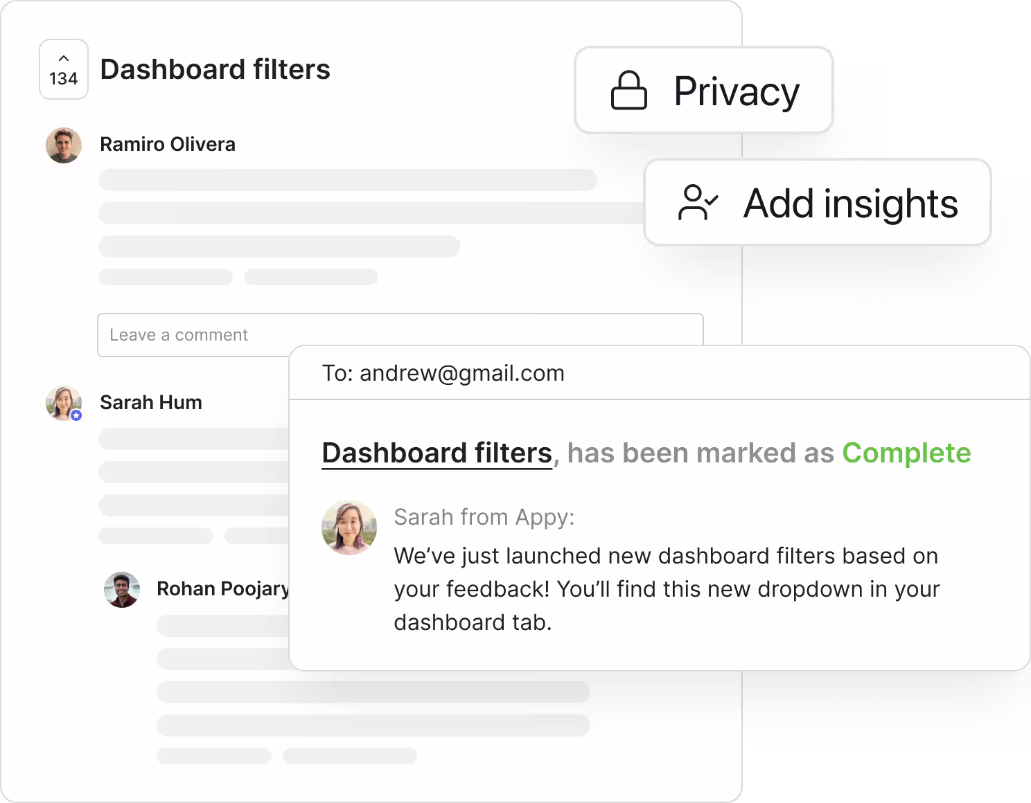 A feature request on a Canny Portal with votes and customer comments, alongside an email notifying a customer that the request is complete.