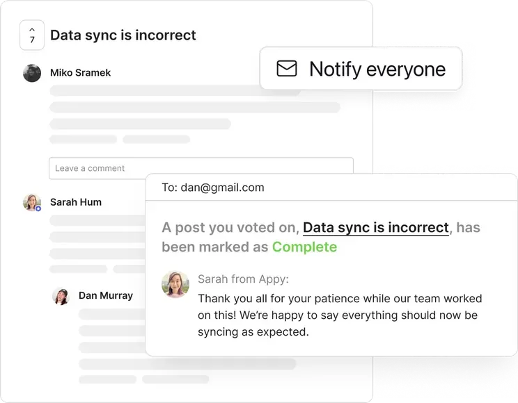 An email following up to a specific user for a feedpack post marked as complete.