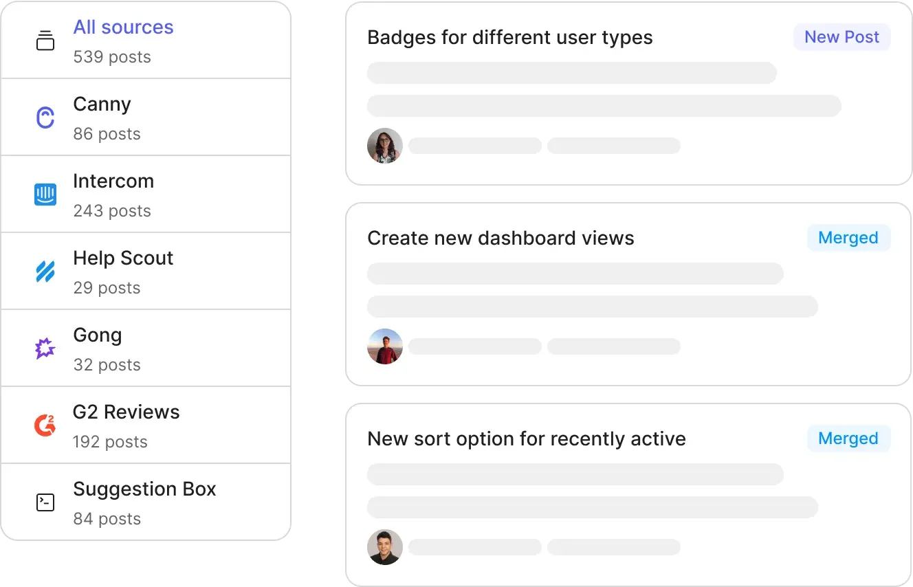 Duplicate requests merged and feedback organized by product area automatically.