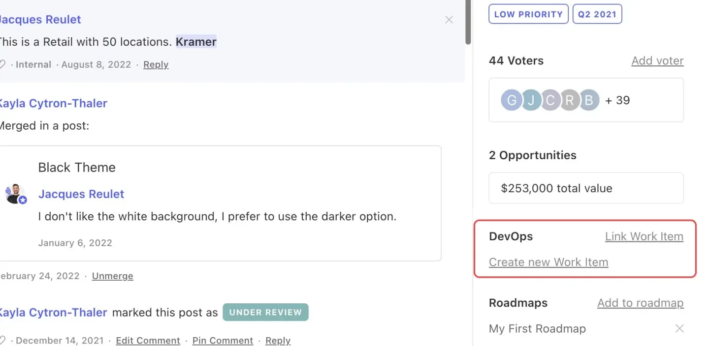 Canny post detail sidebar showing 44 voters, 2 revenue opportunities ($253,000 total), and a DevOps "Link Work Item" button