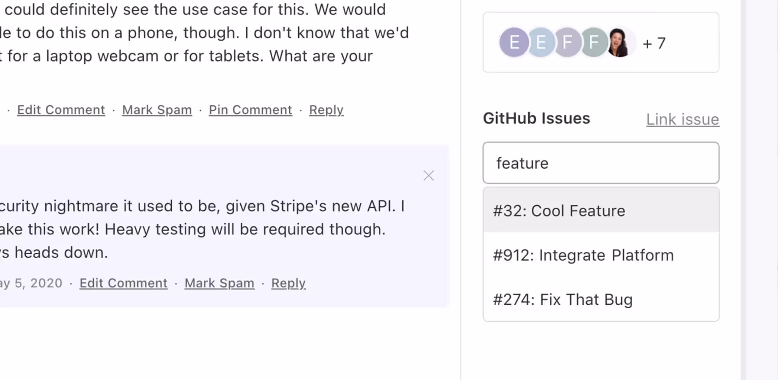 Canny post with a GitHub Issues search panel linking to issues including #32 Cool Feature and #912 Integrate Platform