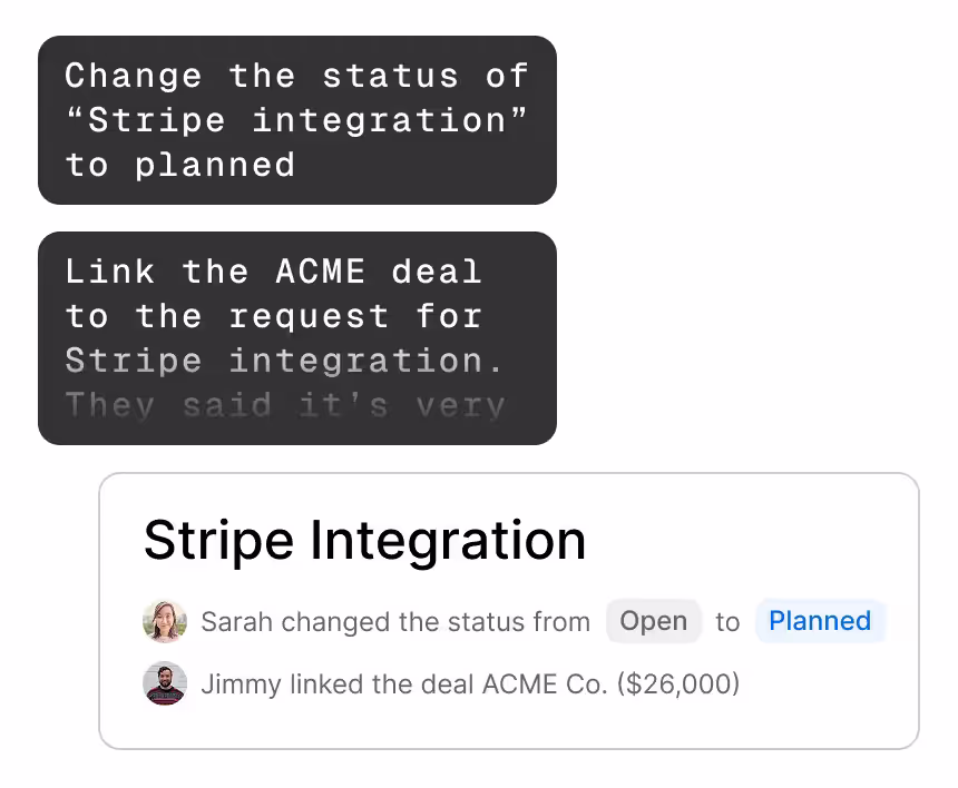 Updating idea statuses and linking deals in Canny from an LLM chat.