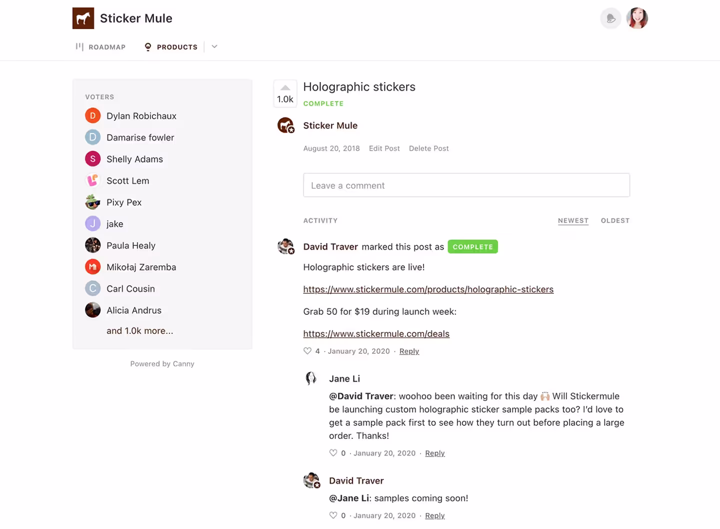 Sticker Mule's Canny "Holographic stickers" post with 1,000 votes marked COMPLETE, with voter list and launch announcement
