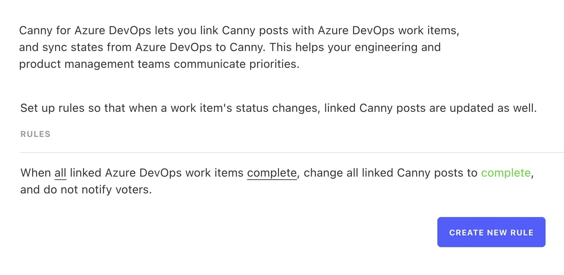 Azure DevOps sync rules panel with a rule: when linked work items are completed, update Canny posts to complete
