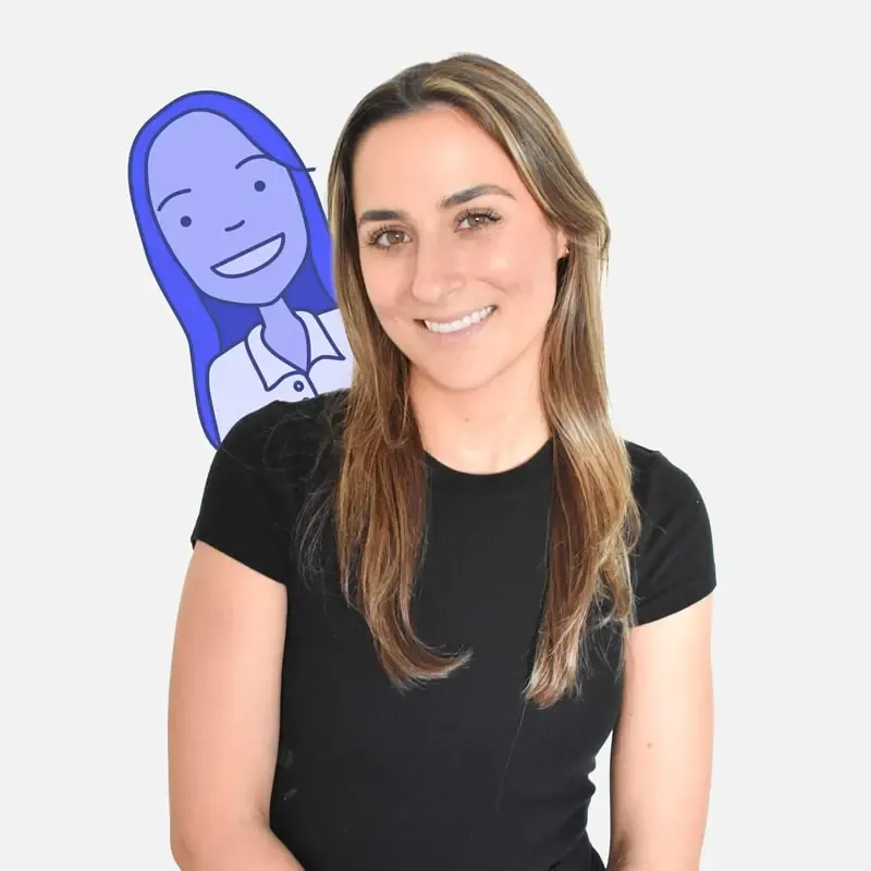 Julia Valade, Customer Success at Canny, posing with a Canny mascot illustration