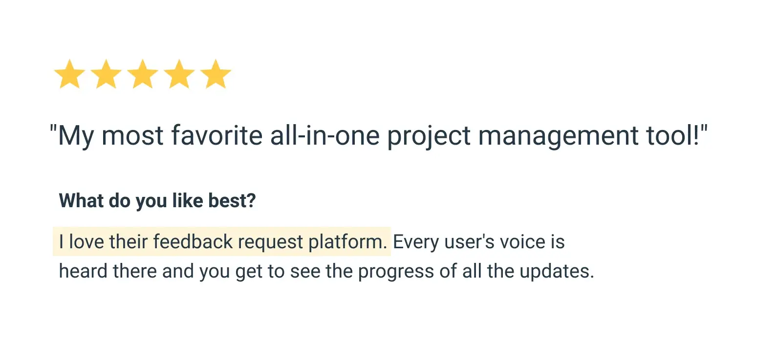 5-star user review saying "My most favorite all-in-one project management tool!" and praising Canny's feedback request platform