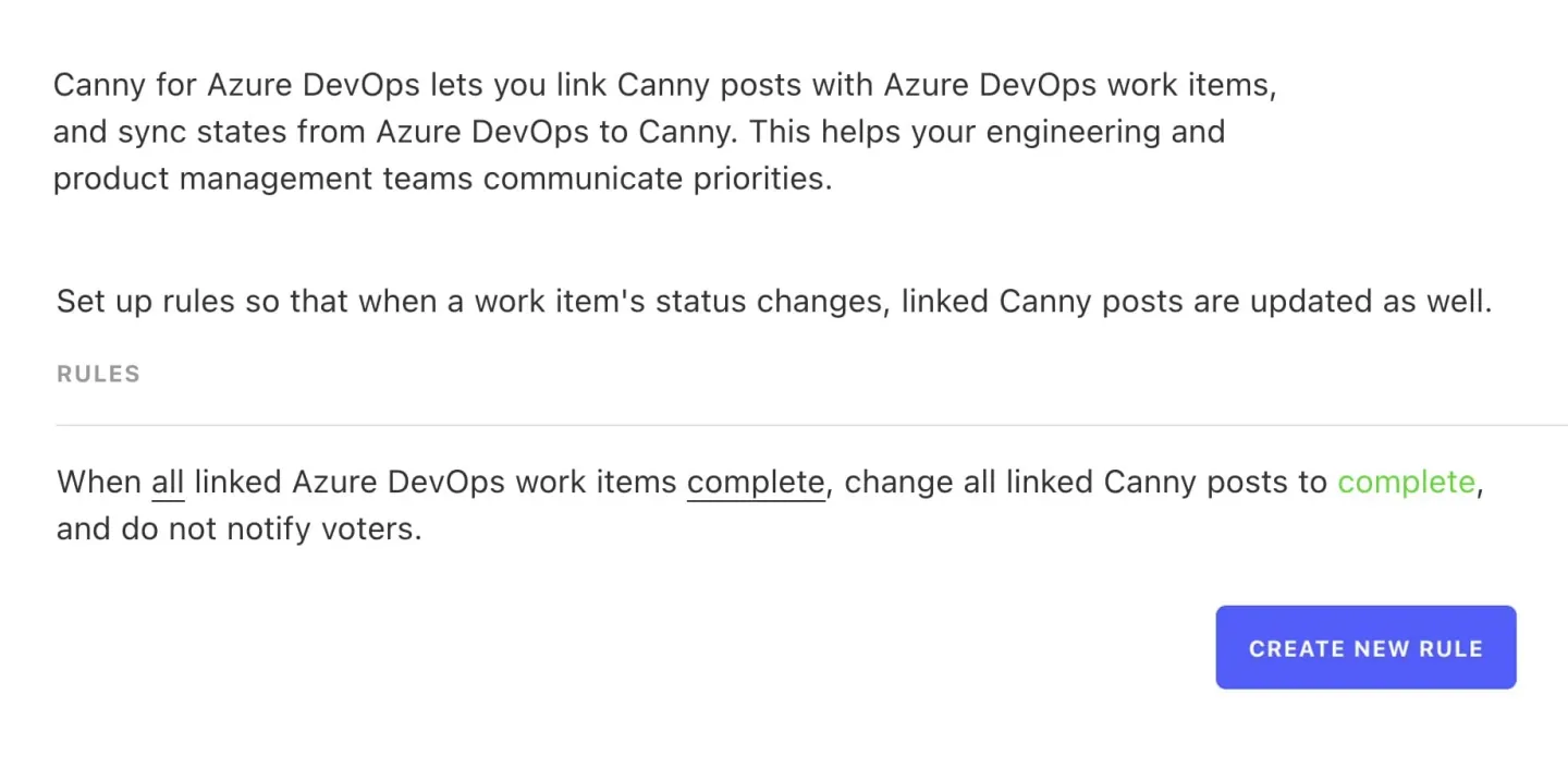 Azure DevOps sync rules panel with a rule: when linked work items are completed, update Canny posts to complete