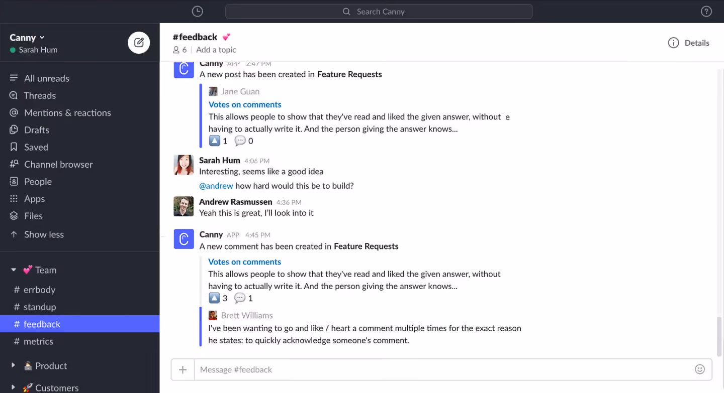 Canny bot notifications displayed in Slack #feedback channel showing new feature requests and comments