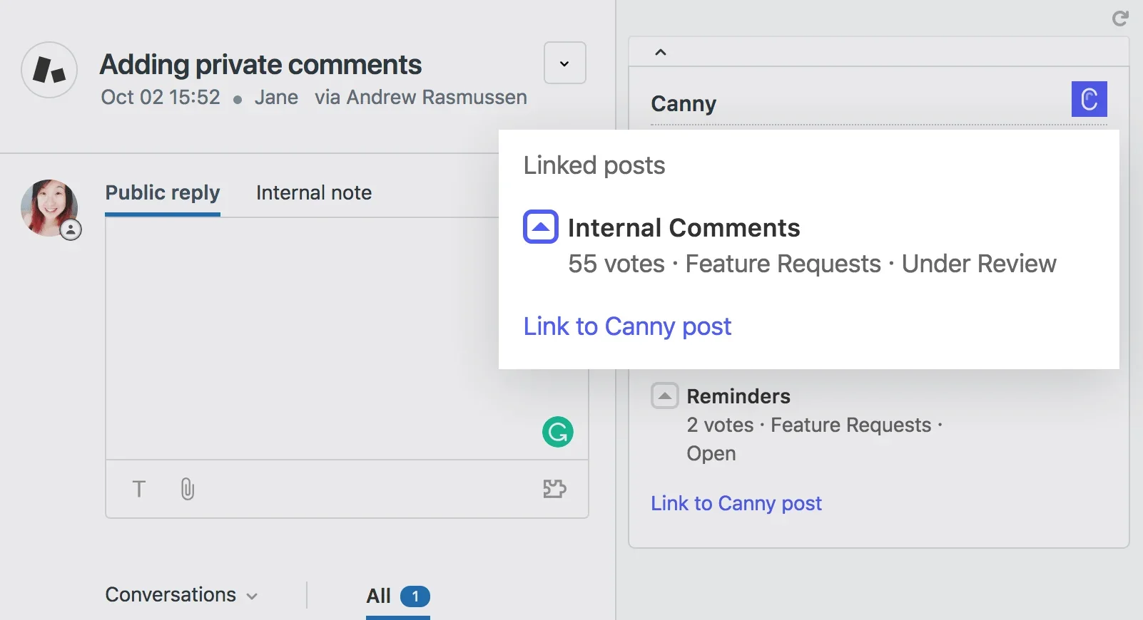 Zendesk ticket with Canny sidebar panel showing linked feedback posts and voter counts