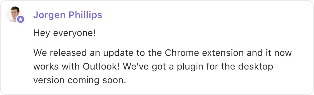 Canny post comment from ClickUp team member Jorgen Phillips announcing that the Chrome extension now supports Outlook