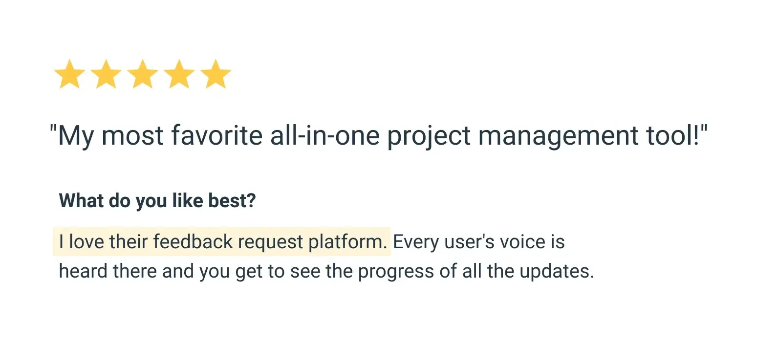 5-star user review saying "My most favorite all-in-one project management tool!" and praising Canny's feedback request platform