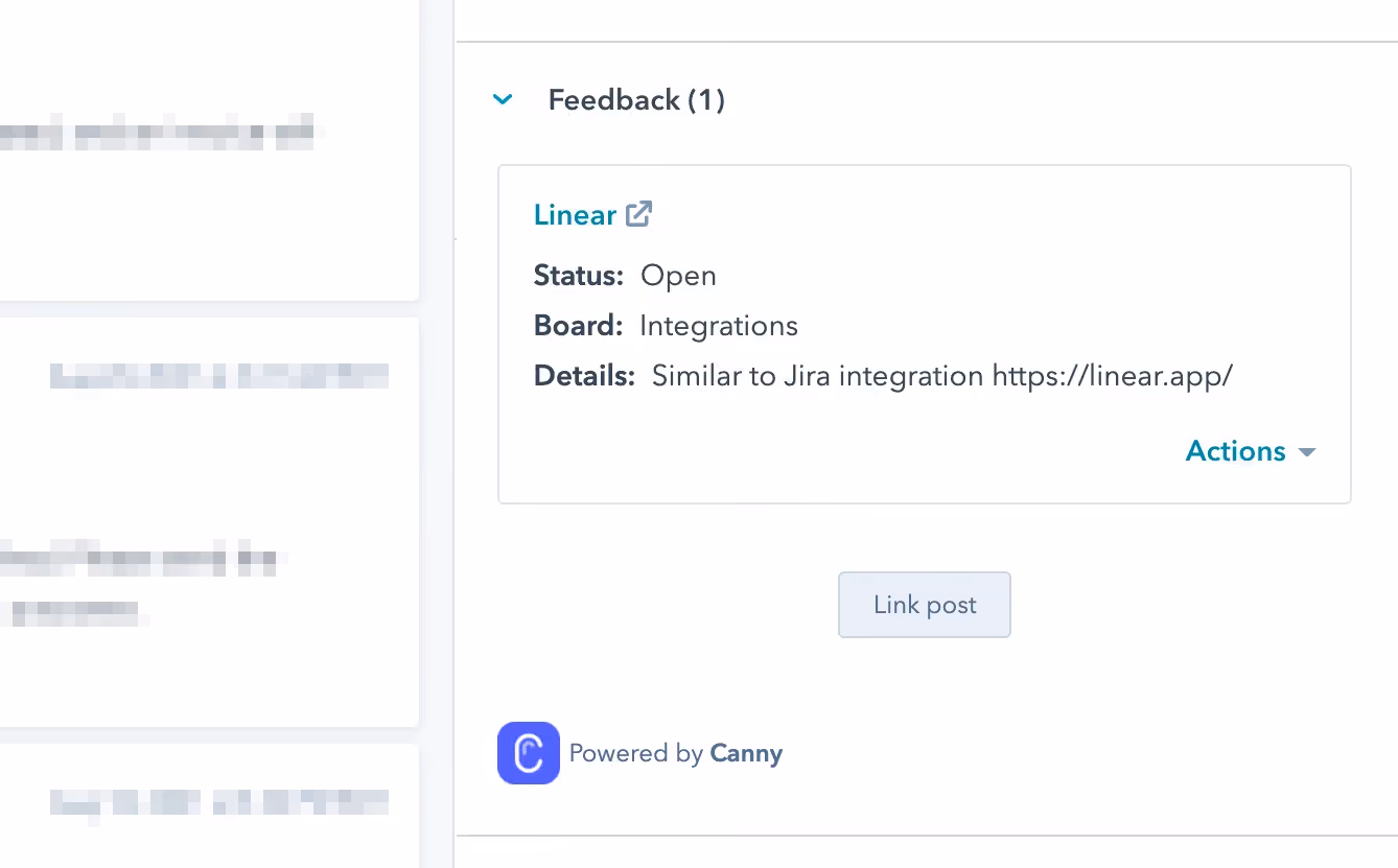 HubSpot contact detail panel with an embedded Canny Feedback section showing a linked feature request (Status: Open)