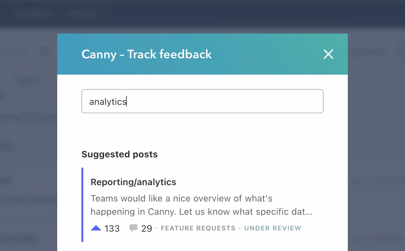 Canny "Track feedback" search dialog overlaying HubSpot showing suggested posts including "Reporting/analytics"