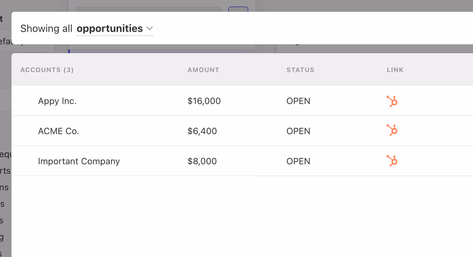 Opportunities table listing accounts (Appy Inc., ACME Co., Important Company) with HubSpot link icons
