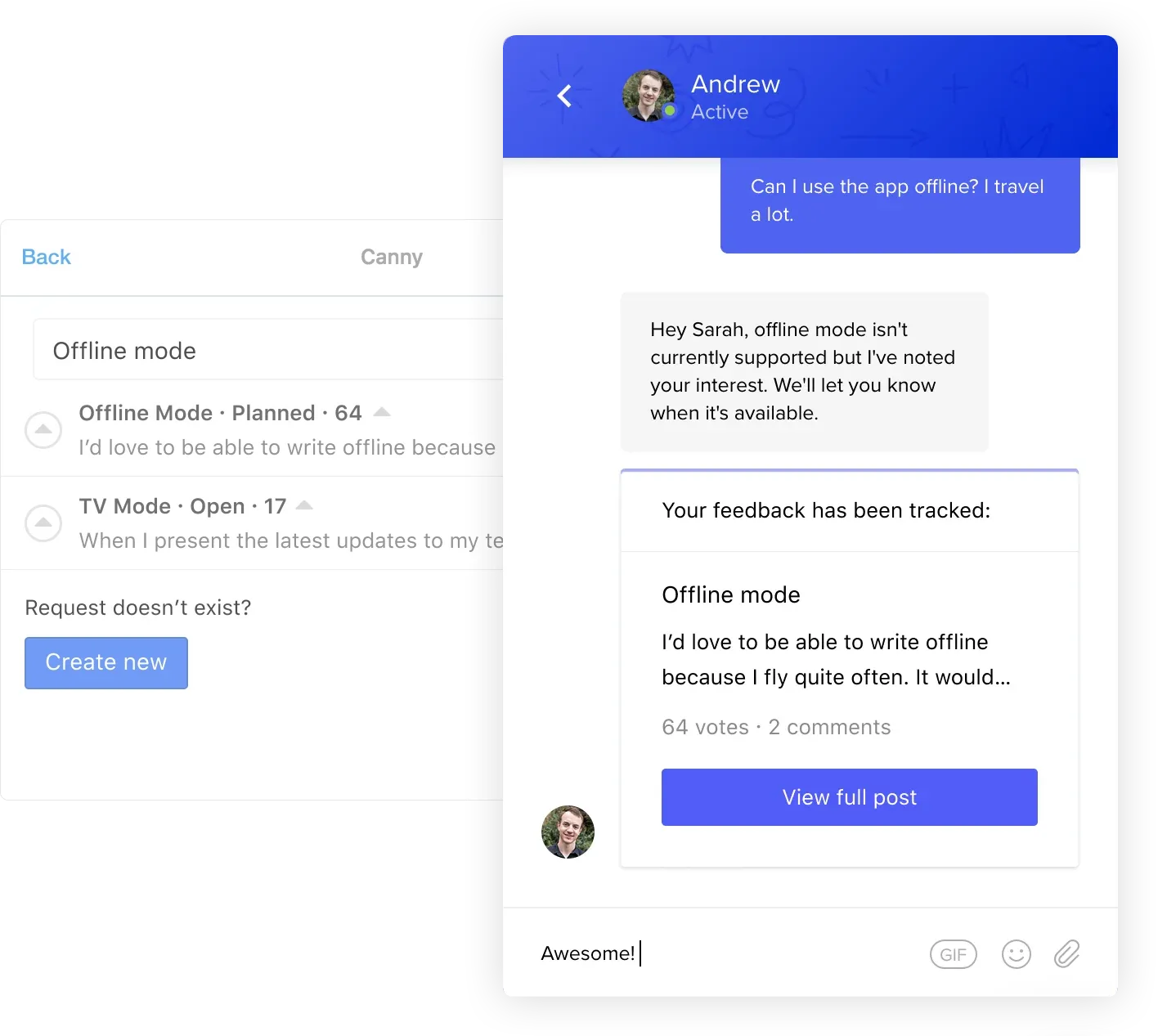 Canny feedback search in Intercom showing a "Your feedback has been tracked" confirmation popup