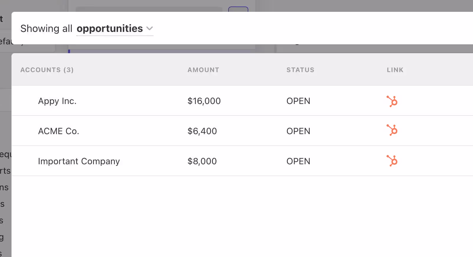 Opportunities table listing accounts (Appy Inc., ACME Co., Important Company) with HubSpot link icons
