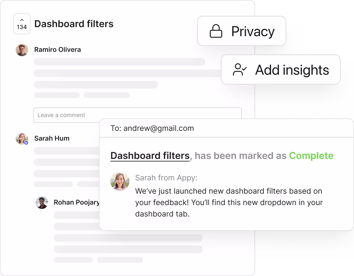A feature request on a Canny Portal with votes and customer comments, alongside an email notifying a customer that the request is complete.