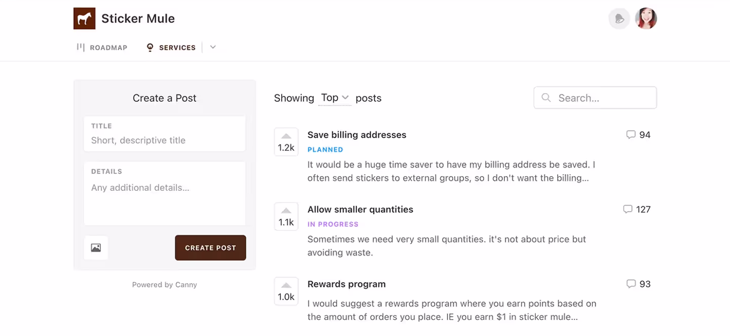 Sticker Mule's Canny feedback board showing top posts: Save billing addresses (1.2k votes, PLANNED) and Allow smaller quantities (1.1k, IN PROGRESS)