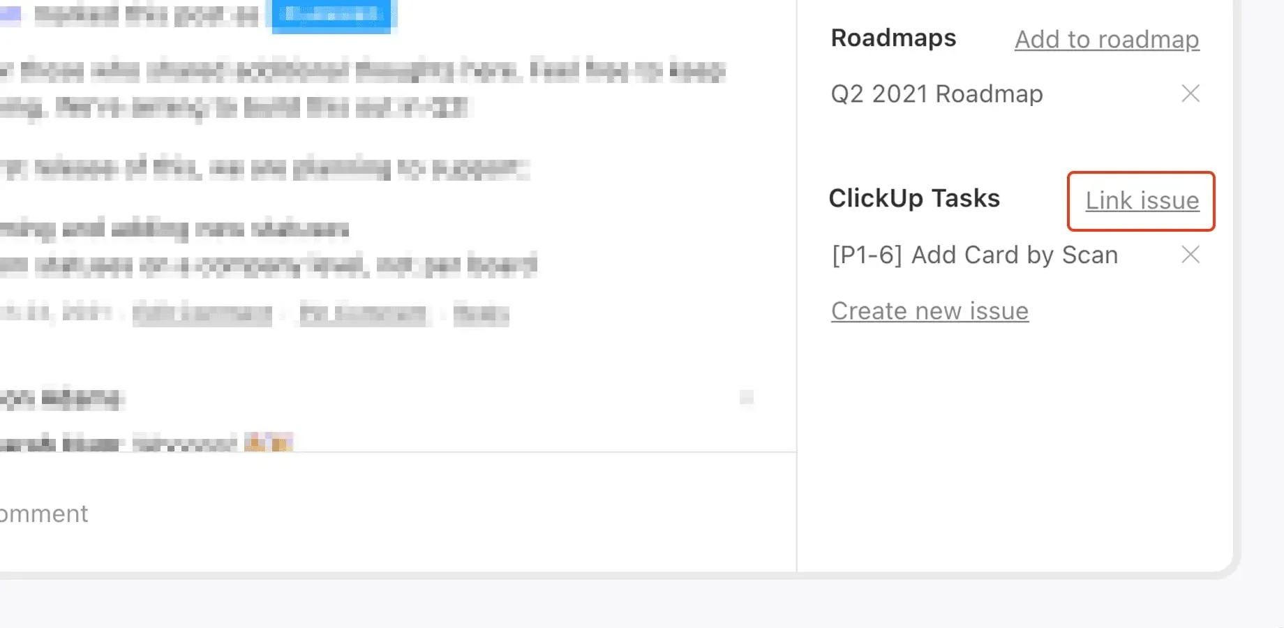 Canny post sidebar showing a linked ClickUp task [P1-6] Add Card by Scan.