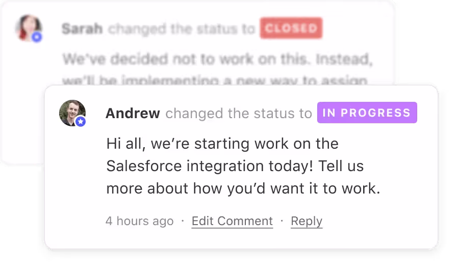 A feature request marked in progress notifying the customers who voted.