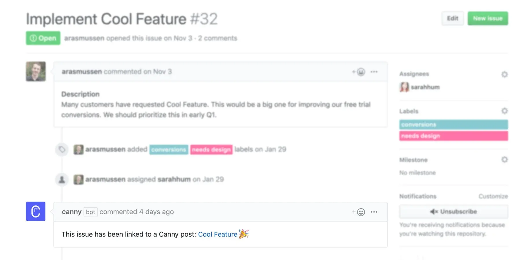 GitHub issue "Implement Cool Feature #32" showing a Canny bot comment linking back to the original Canny post