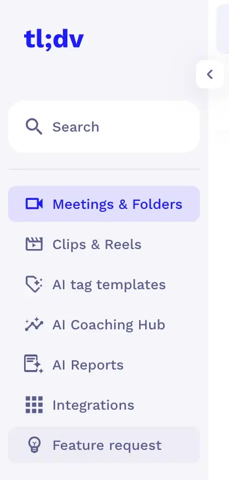 tl;dv app sidebar navigation showing product menu items including a "Feature request" option powered by Canny