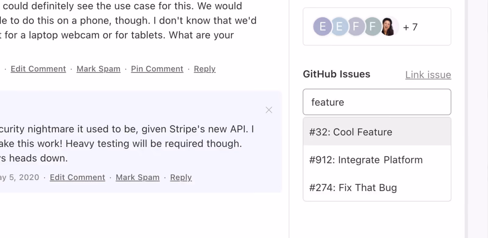 Canny post with a GitHub Issues search panel linking to issues including #32 Cool Feature and #912 Integrate Platform