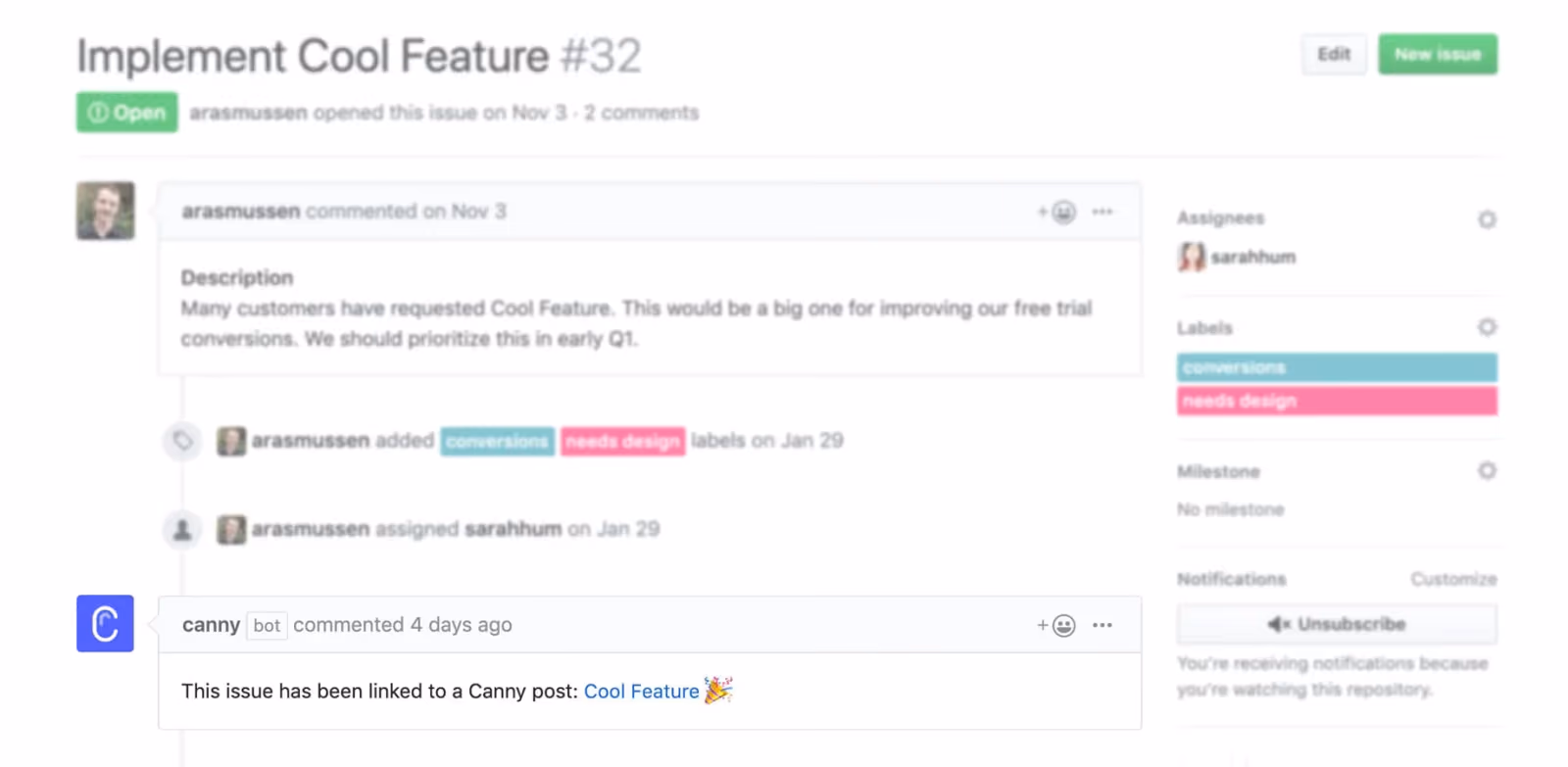 GitHub issue "Implement Cool Feature #32" showing a Canny bot comment linking back to the original Canny post