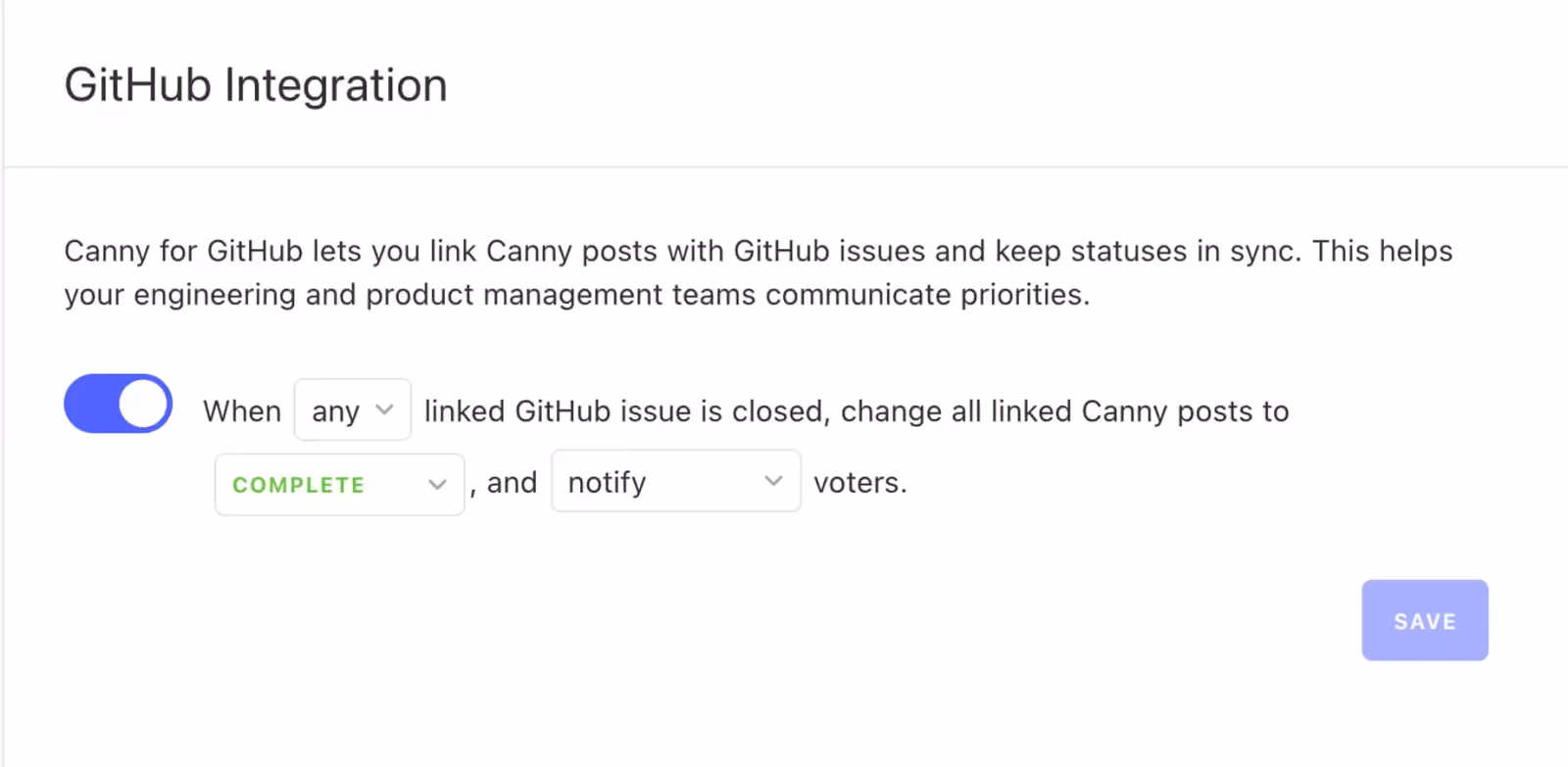 GitHub Integration settings panel with a sync rule: when a GitHub issue is closed, mark linked Canny posts as COMPLETE