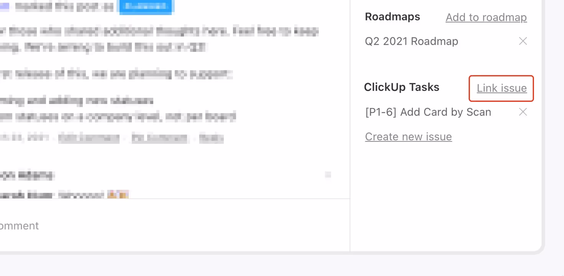 Canny post sidebar showing a linked ClickUp task [P1-6] Add Card by Scan.