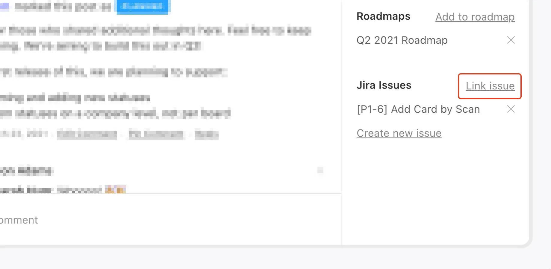Canny post detail panel showing linked Jira issues and a Roadmaps sidebar