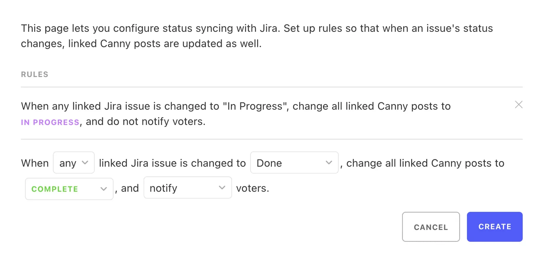 Canny status sync rules configuration page for the Jira integration