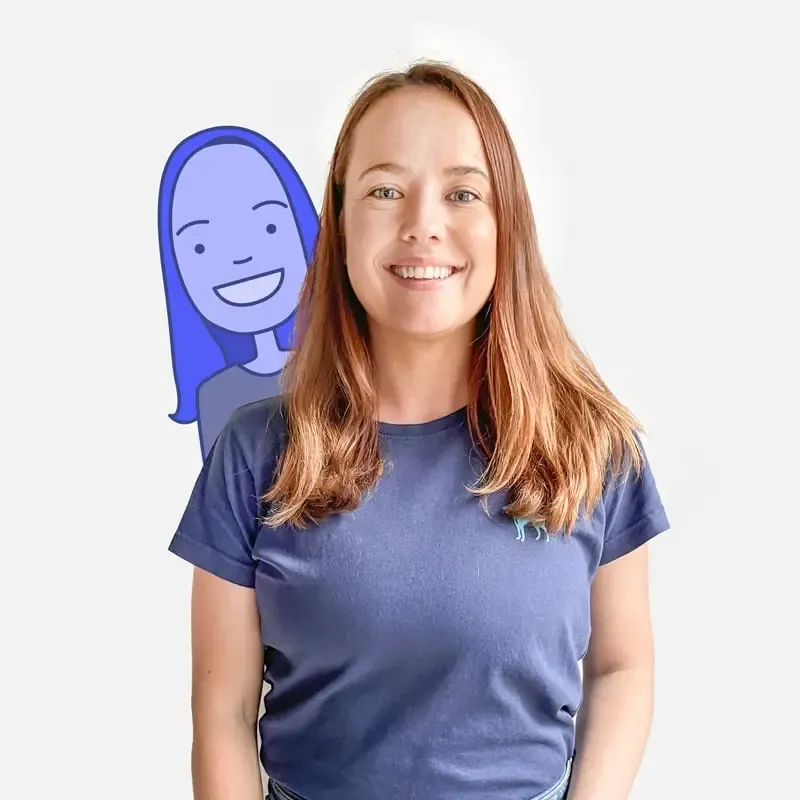 Clare Garrity, Operations at Canny, posing with a Canny mascot illustration