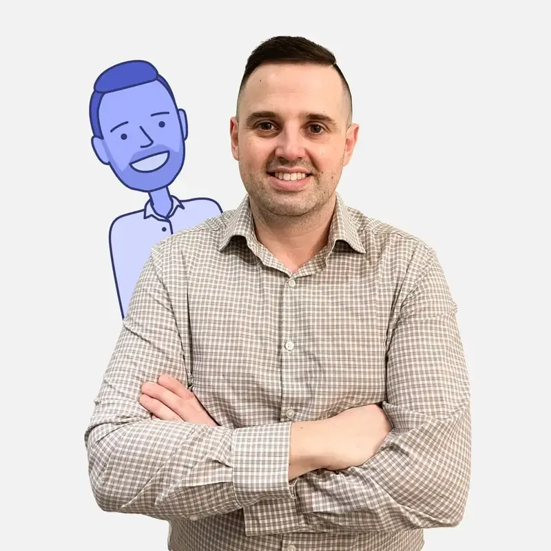 Eric Hoppe, Marketing at Canny, with arms crossed posing with a Canny mascot illustration