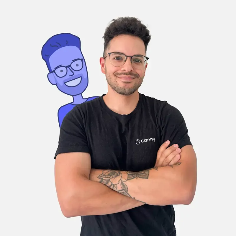 Olivier Castro-Perrier, Engineering at Canny, wearing a Canny t-shirt and posing with a Canny mascot illustration